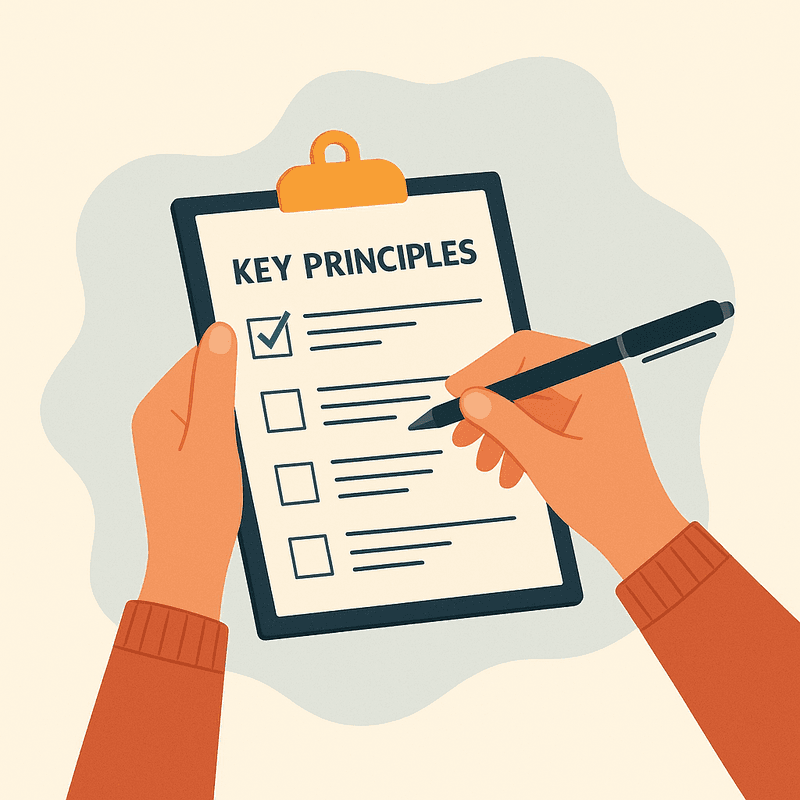 ক্লিপবোর্ডে ‘KEY PRINCIPLES’ তালিকায় টিক চিহ্ন দেওয়া হচ্ছে