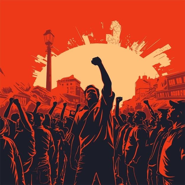 মুষ্টি উঁচিয়ে মিছিলে মানুষ, পেছনে সূর্য
